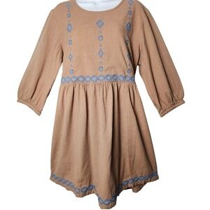 April Cornell Brown Cotton Gauze Embroidered Boho Peasant Dress Cottagecore L